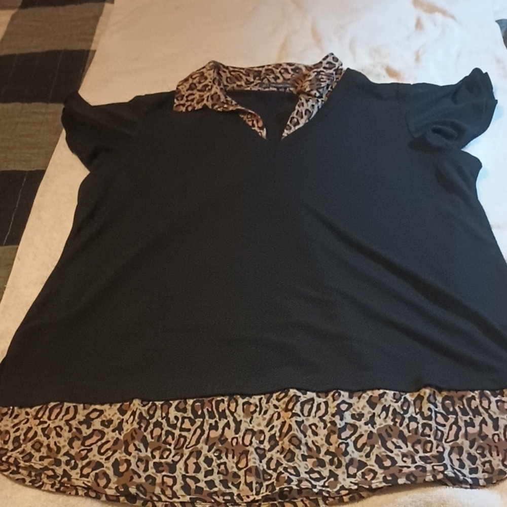 Leopard Trim Black Women's Top